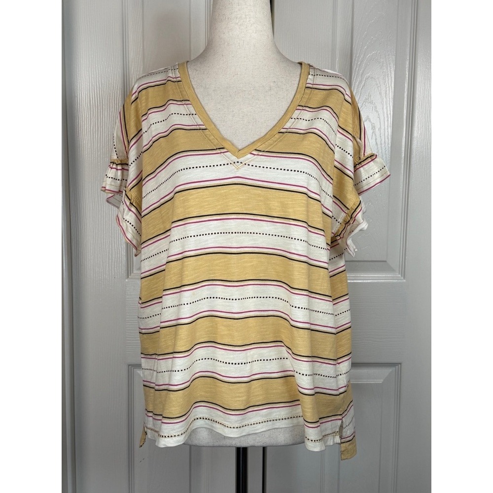 Anthropologie Pilcro Striped Ruffle Sleeve V-Neck Top Yellow Pink Navy Womens